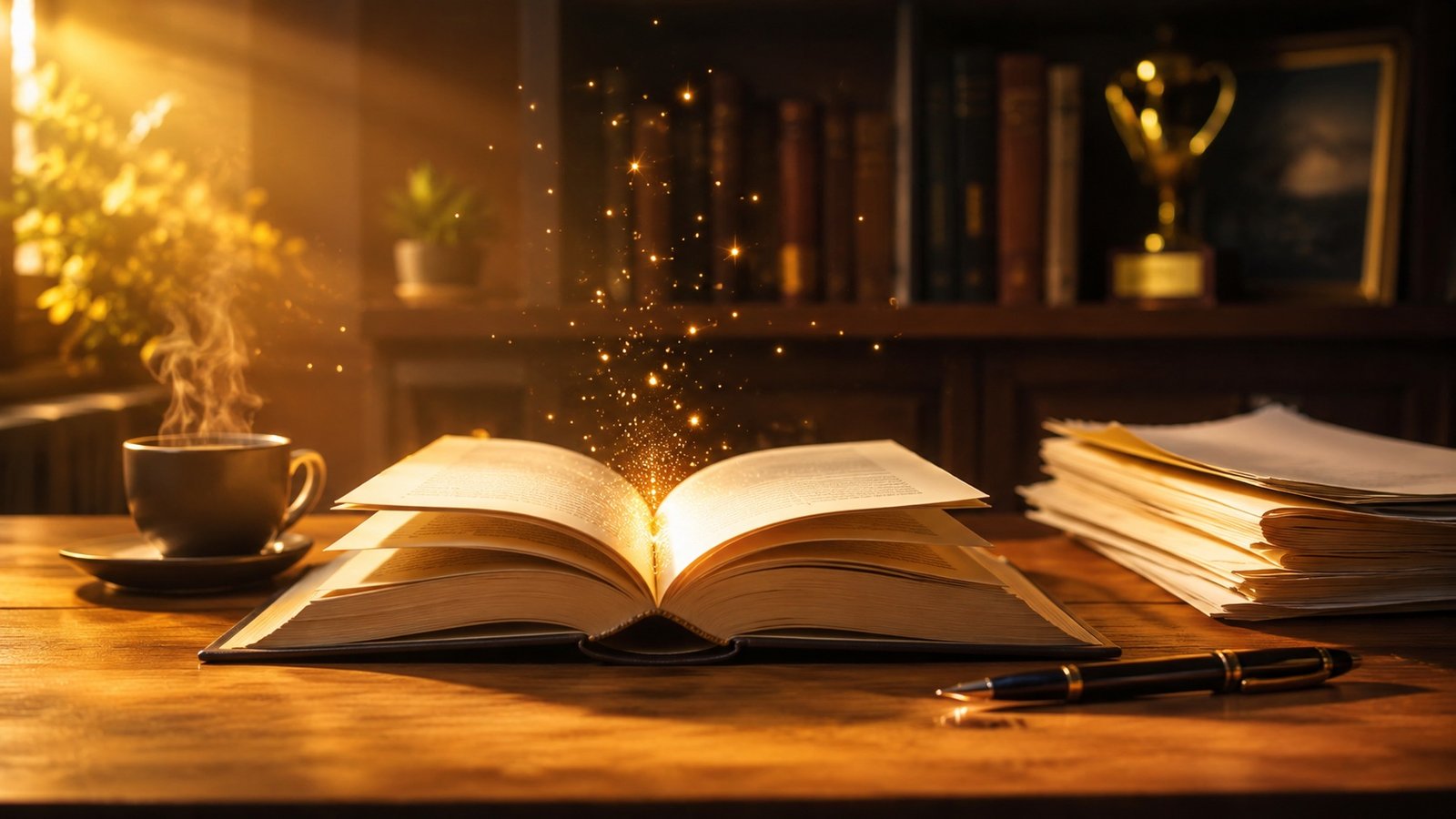 Livre ouvert avec particules dorées qui s'envolent, ambiance d'auteur qui réussit